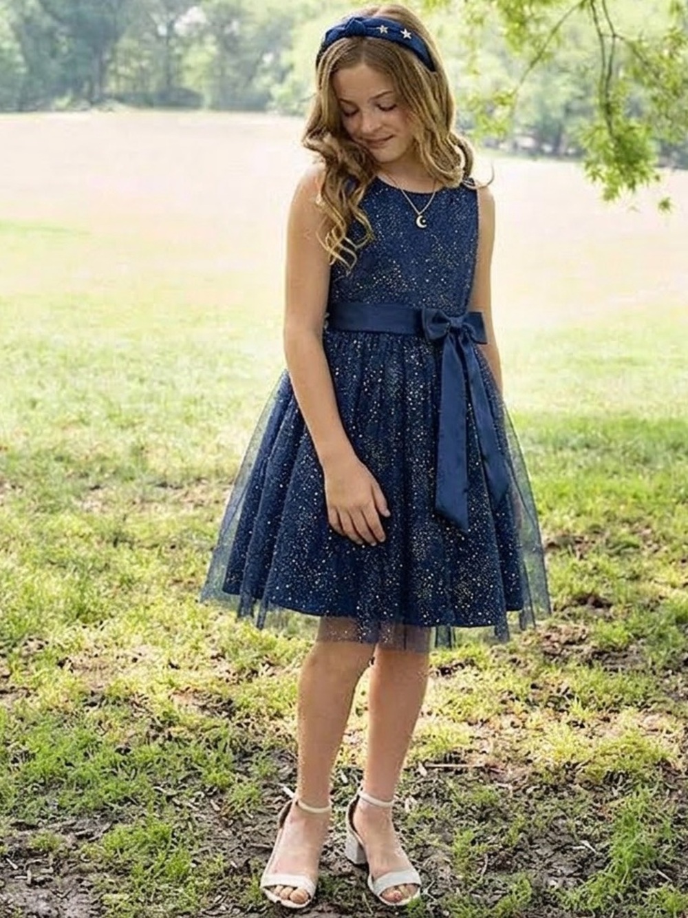 Rare Editions Big Girls Blue & Gold Tulle Formal Dress w Satin Tie belt SZ 14